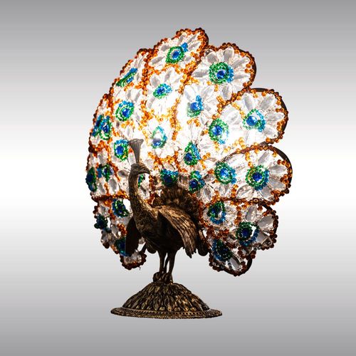 80128 - A table or fireplace lamp with a peacock and coloured glass ornaments, designed in around 1920/30 WOKA LAMPS VIENNA - OrderNr.: 80128|A table or fireplace lamp with a peacock and coloured glass ornaments, designed in around 1920/30 - Foto 2